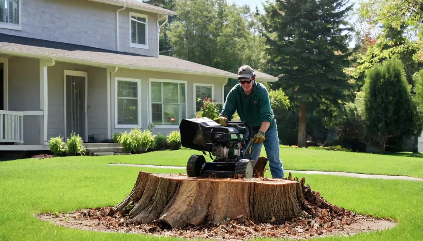 A local provider grinding a tree stump in a residential yard in the Tinley Park area